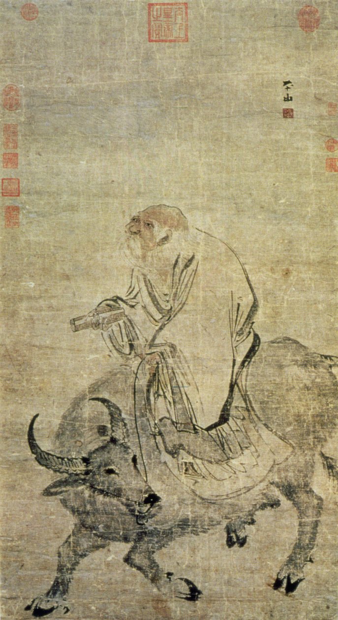 Lao-tzu (ca. 604-531 f.Kr.) rir på sin okse, kinesisk, Ming-dynastiet (1368-1644) (blekk og wc på silke) av Chinese School