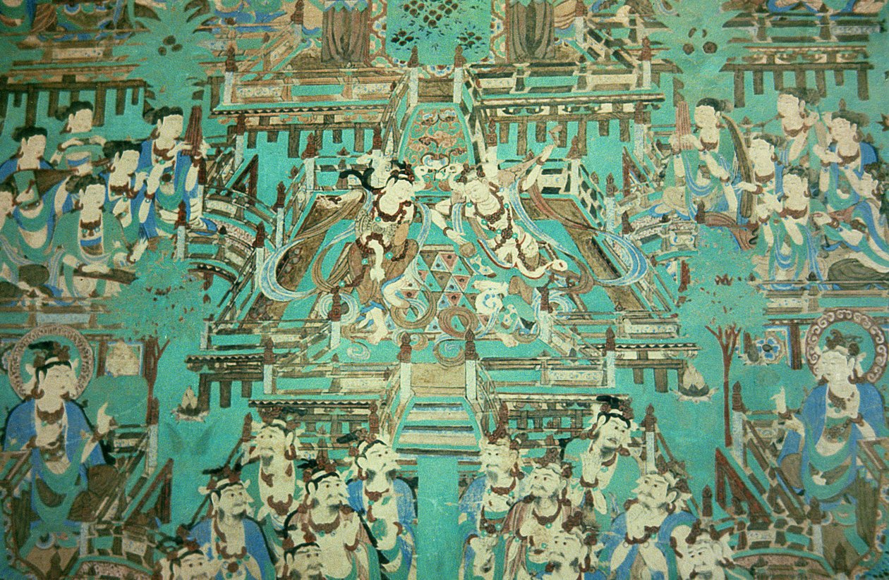 Dancing Ladies, Tang-dynastiet, 618-907 (veggmaleri) av Chinese School