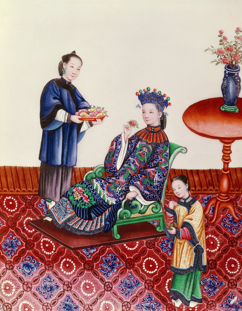 Elegant kinesisk dame som lukter en blomst (gouache) av Chinese School