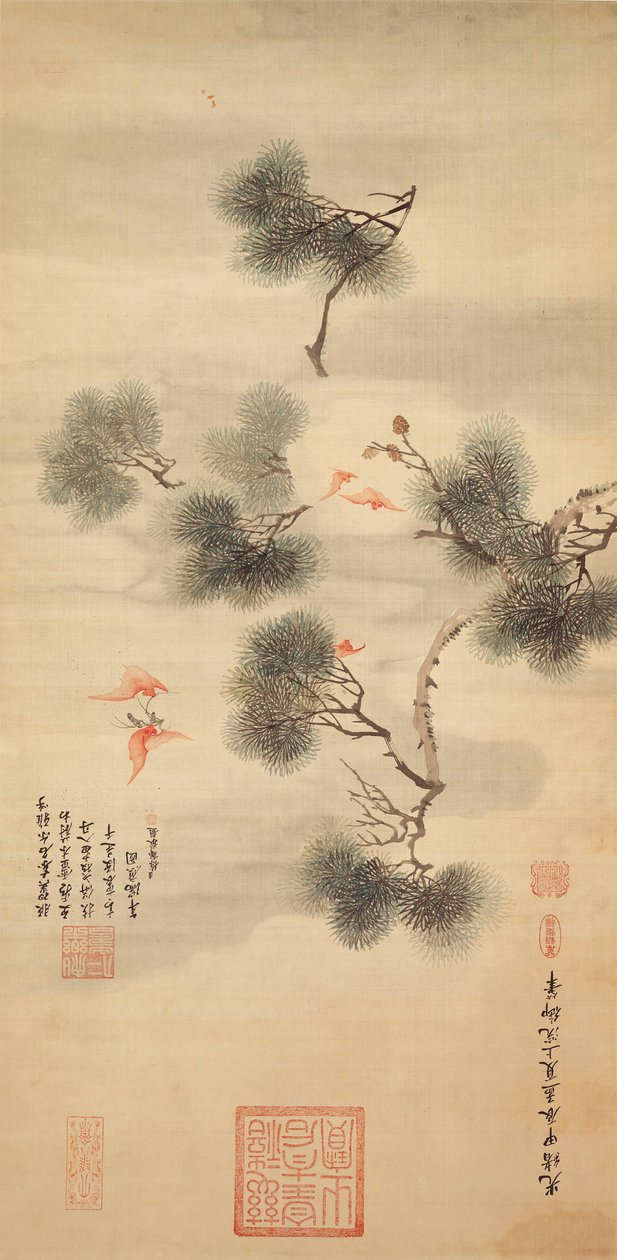 Fem flaggermus midt i en furugren, 1844 av Chinese School