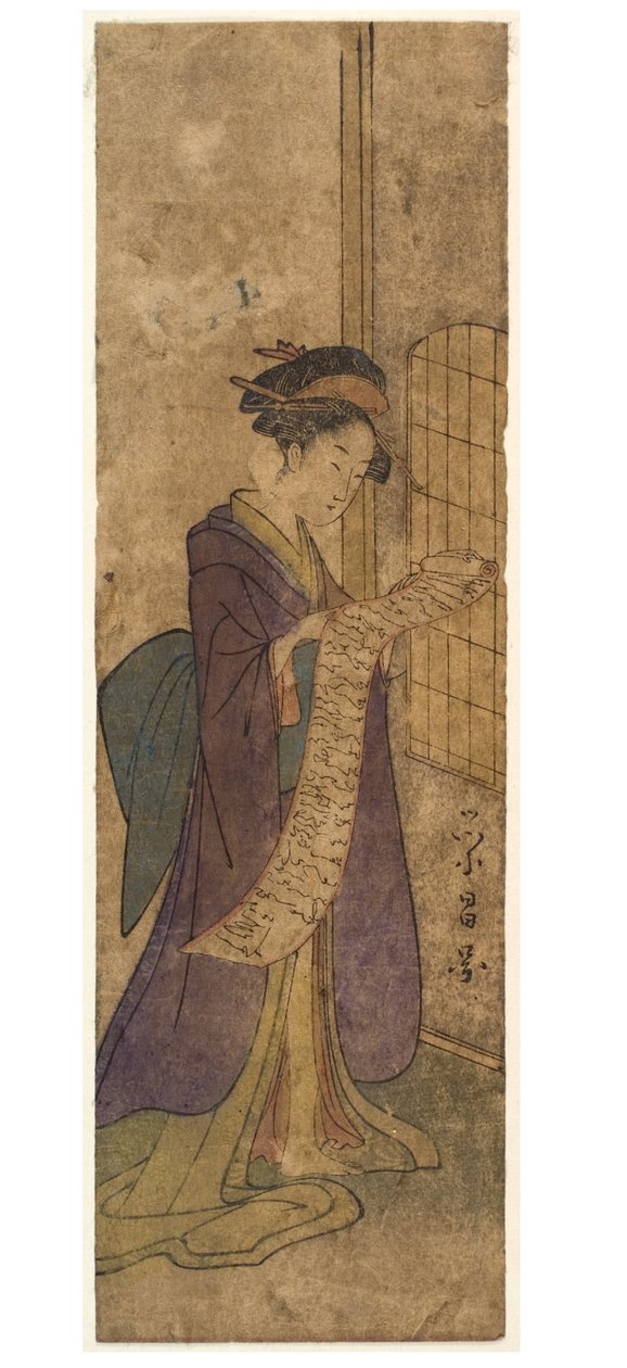 Dame leser et langt rullebrev av Chobunsai Eishi
