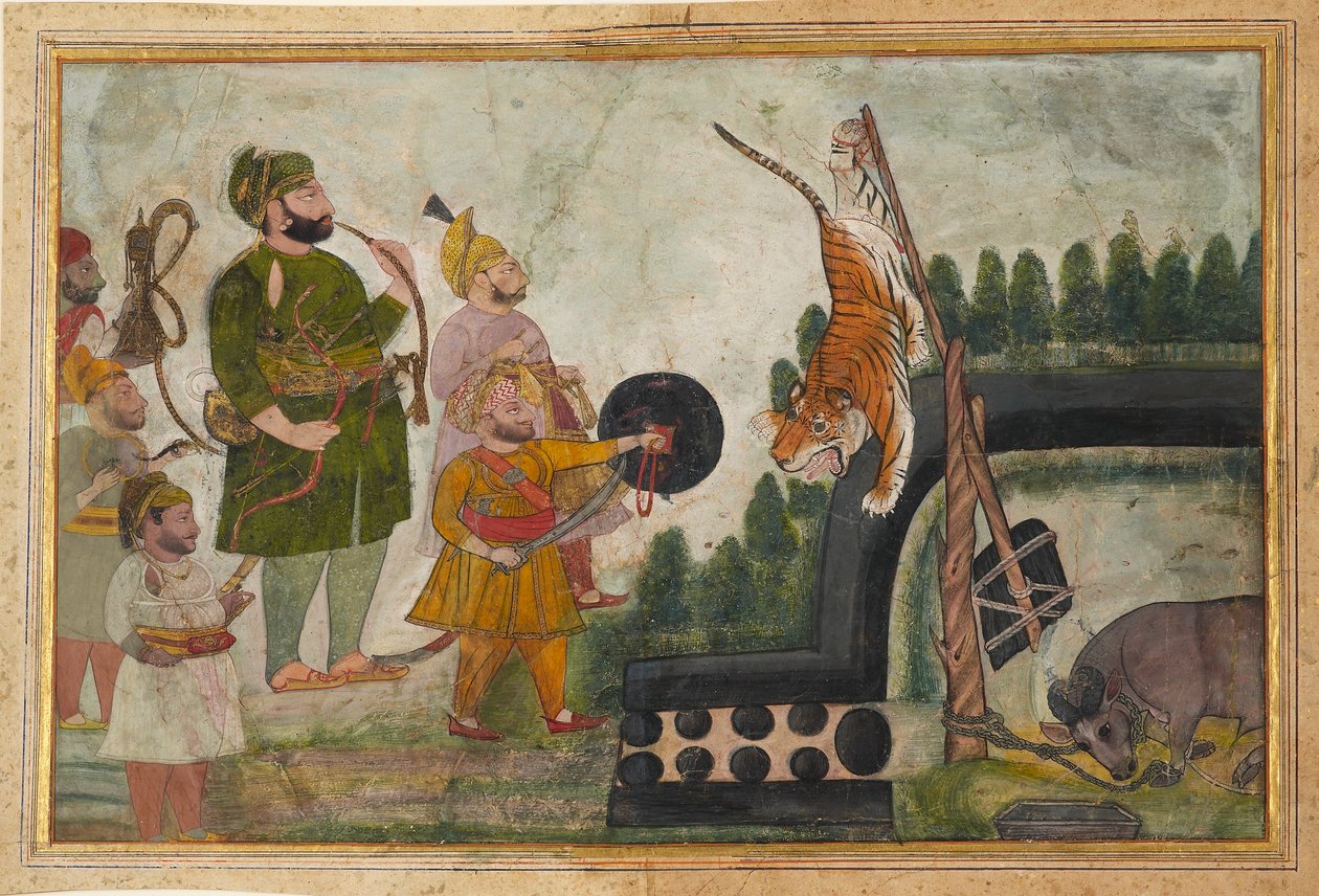 Rawat Gokul Das inspectează un tigru prins în capcană, 1810-1815 norvegian av Chokha