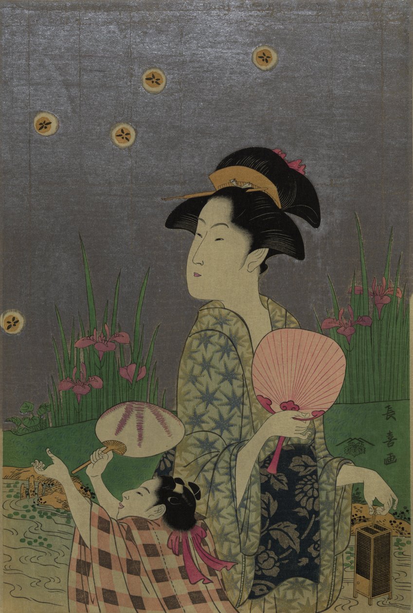 Ildfluer, 1793 (fargetresnitt) av Choki Eishusai