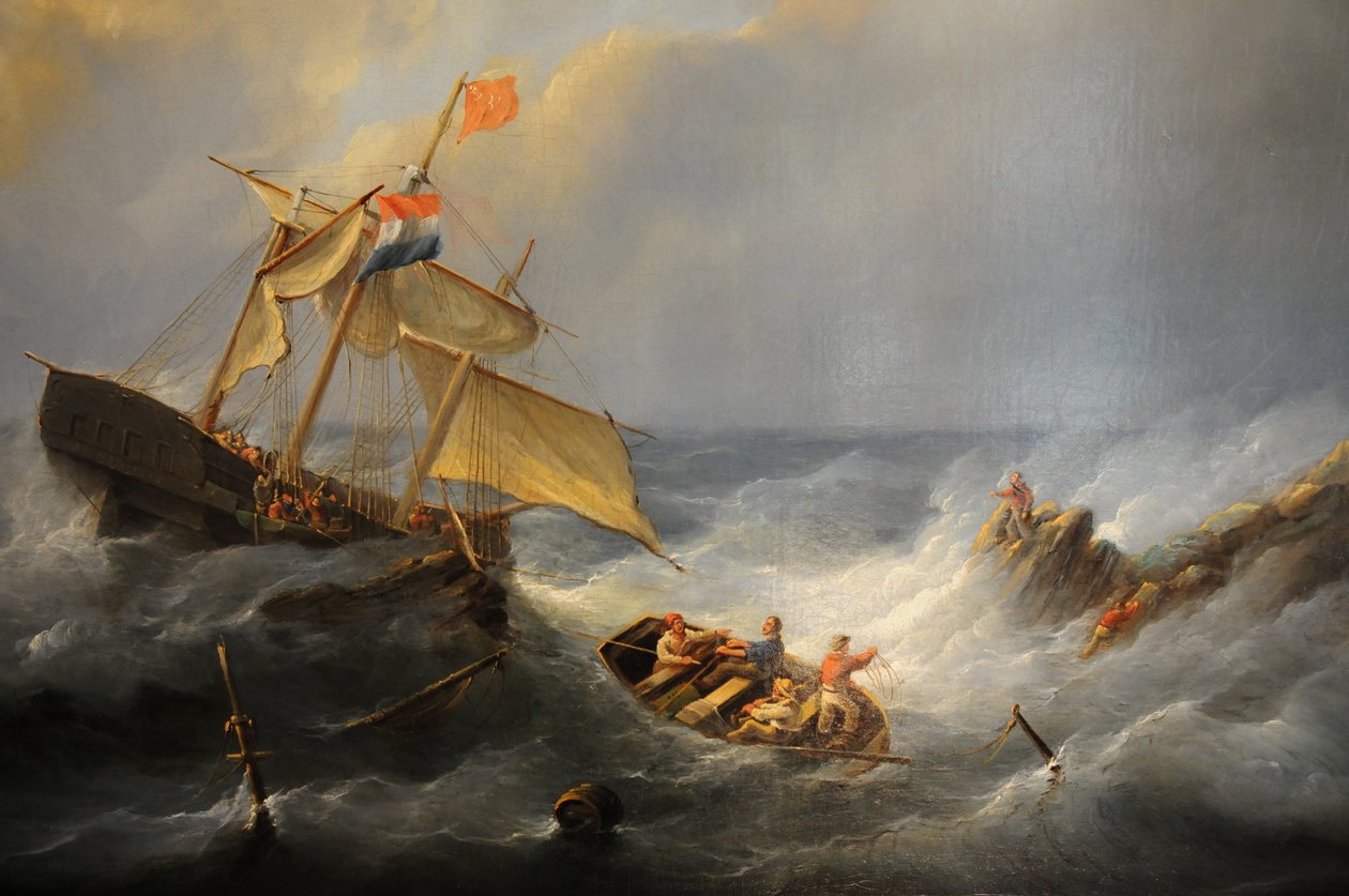 et skip i trøbbel ved en steinete kyst av Christiaan Cornelis Kannemans
