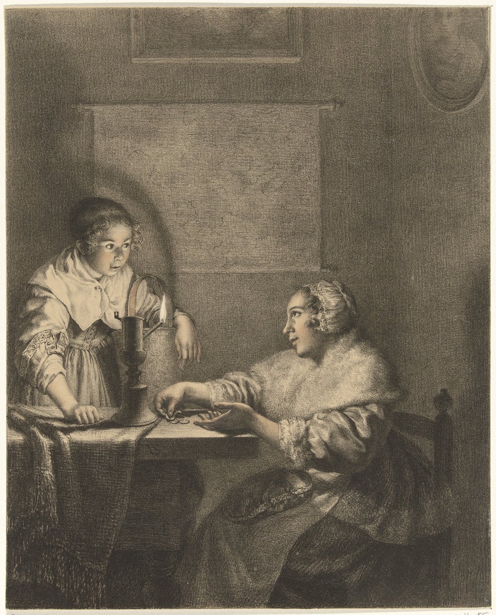 Interiør med dame og hushjelp ved levende lys av Christiaan Josi