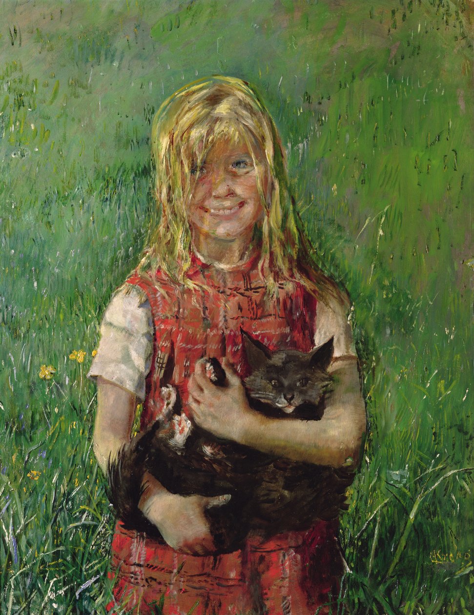 Jente med en katt (olje på lerret) av Christian Krohg