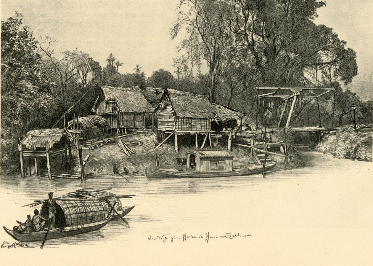 Hus på påler, Bangkok, Siam, 1898. av Christian Wilhelm Allers