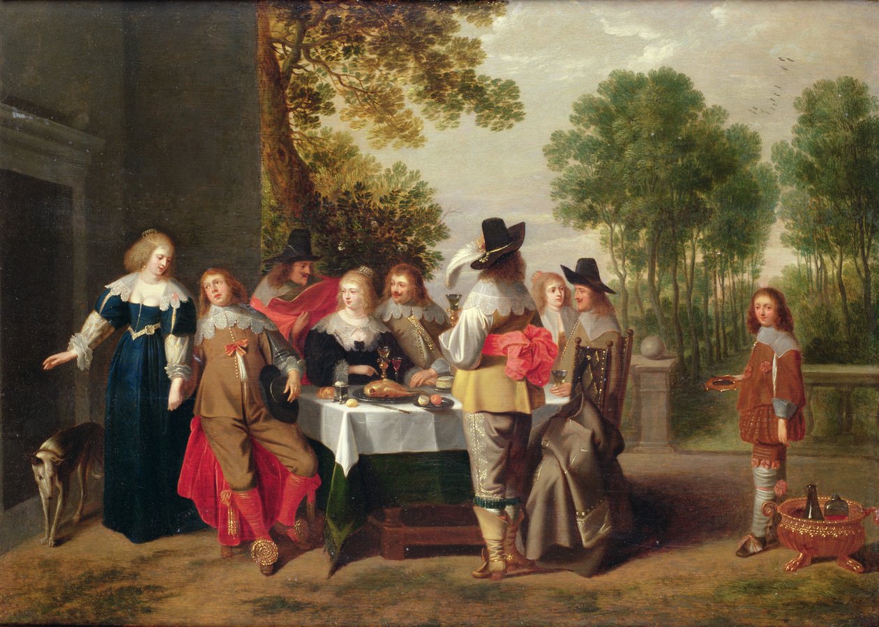 Elegant selskap ved et bord i en formell hage (olje på maruflert panel) av Christoffel Jacobsz van der Lamen