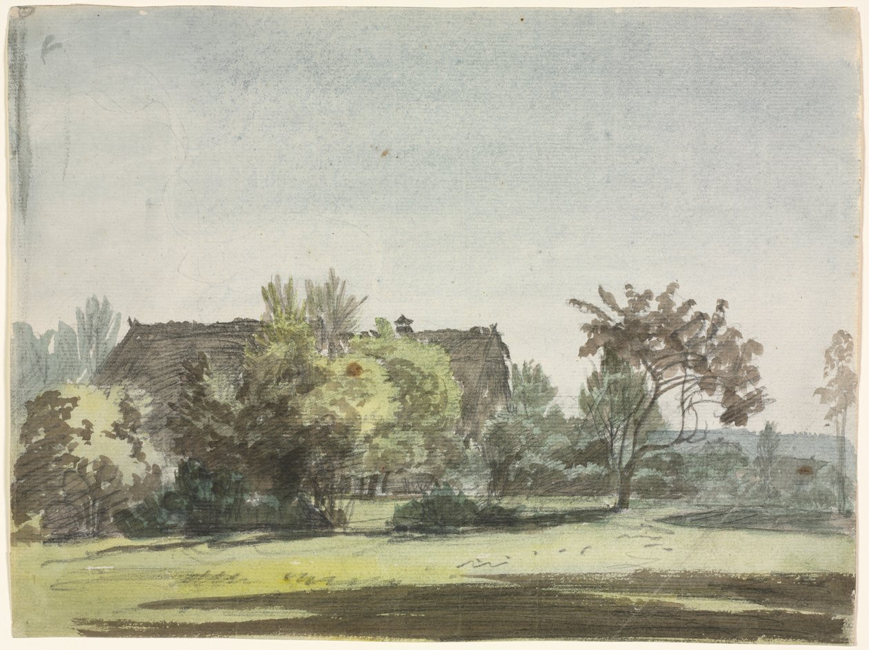 Våningshus bak trær, ca. 1790. av Christoph Nathe