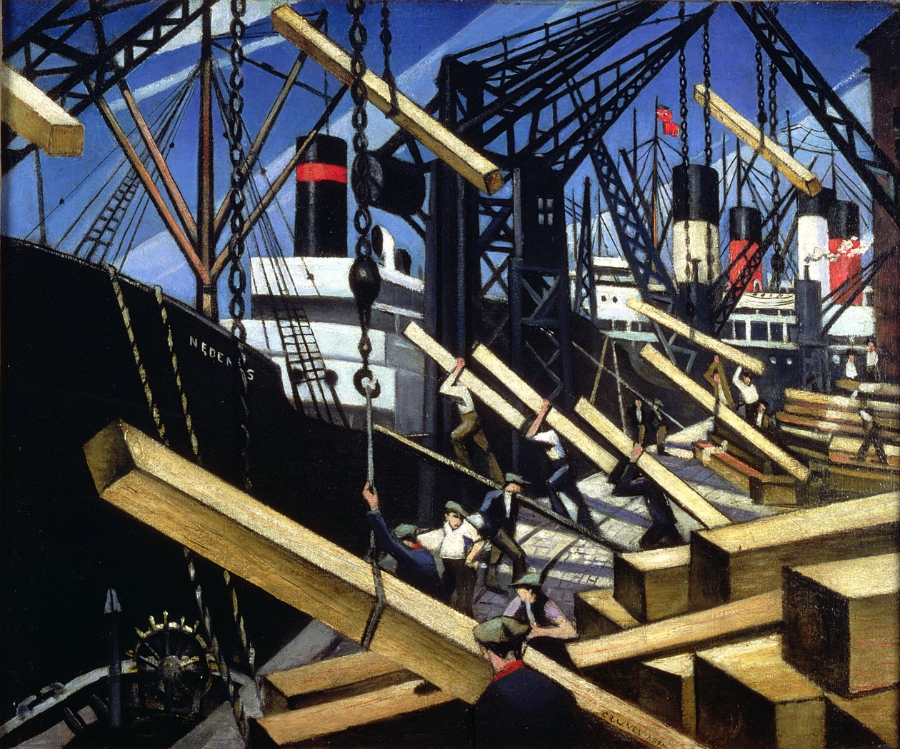 Laster tømmer, Southampton Docks, 1916-17 av Christopher Richard Wynne Nevinson