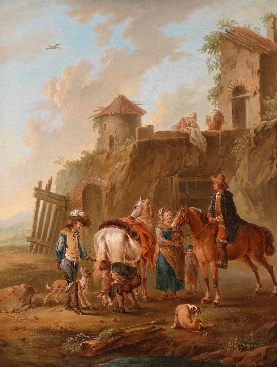 Et jaktlag som hviler foran et hus av Circle of August Querfurt