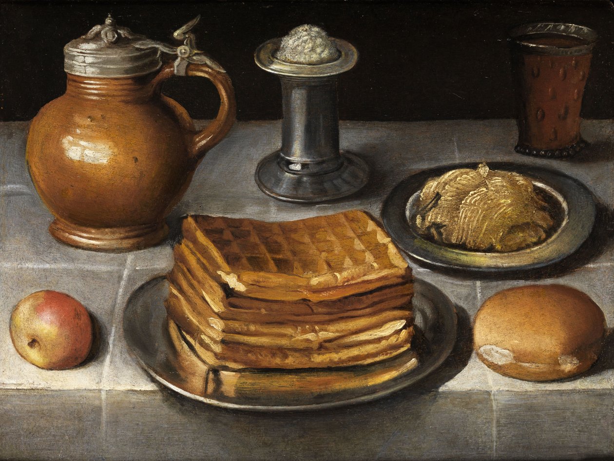 Stilleben med tinnplater, steinkanne og vafler av Circle of Georg Flegel