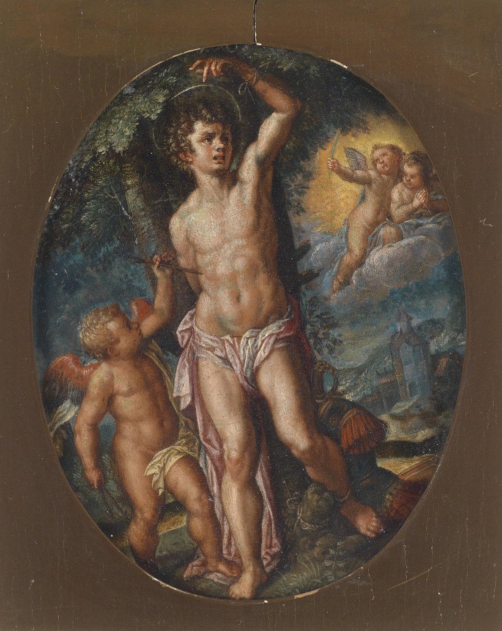 Engler tar seg av martyren Saint Sebastian av Circle of Hans Rottenhammer