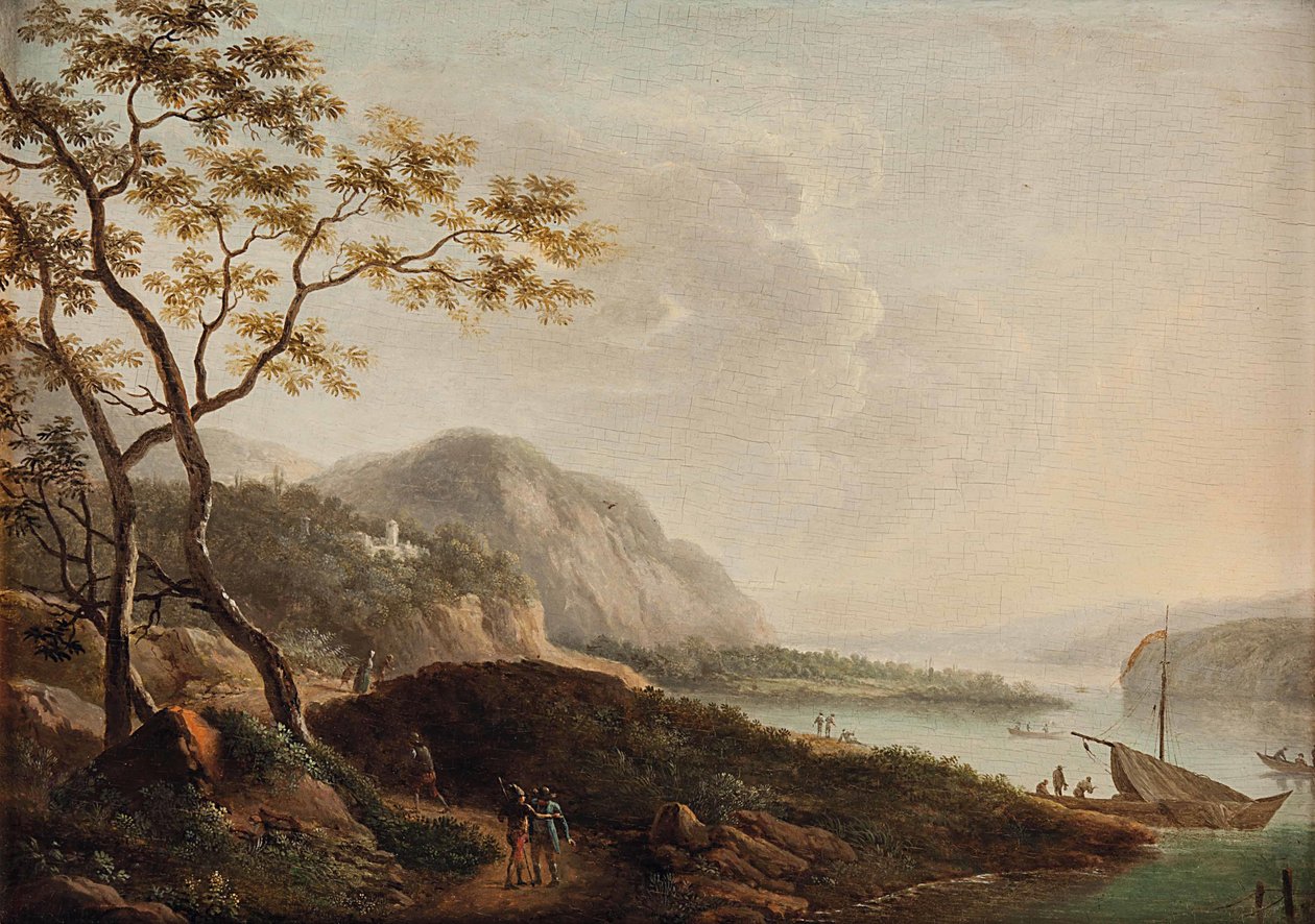 Sørlig innsjølandskap med staffage av Circle of Jacob Philipp Hackert