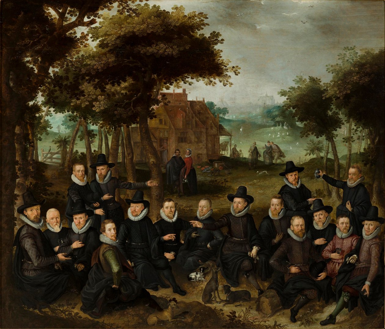 Offiserer fra den gamle militsen i Alkmaar i et landskap. olje på panel medium QS av Claes Jacobsz van der Heck
