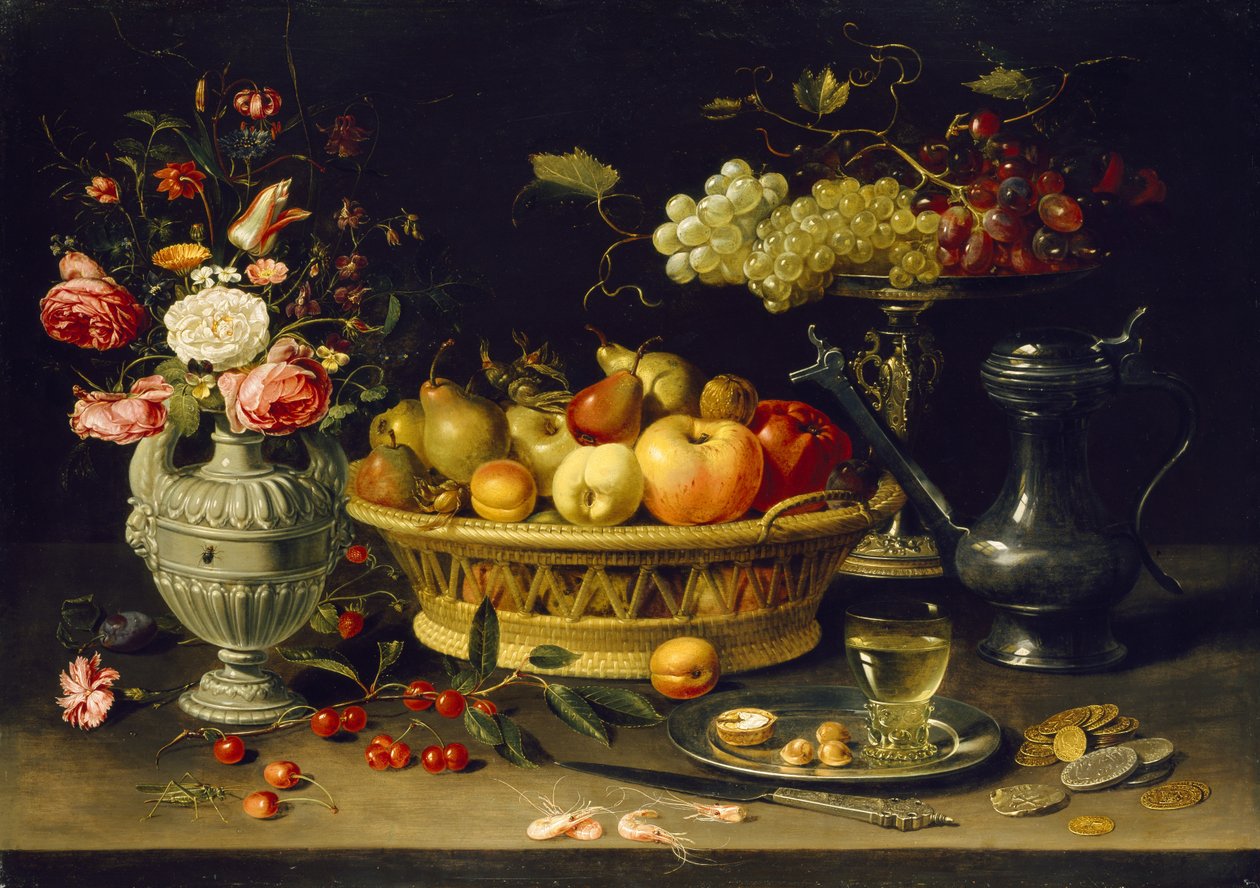 Stilleben av frukt og blomster, 1608 - 1621 (olje på kobber) av Charlotte Evans