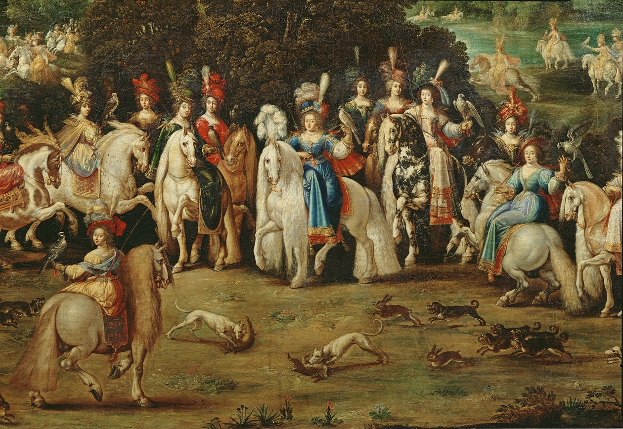 Luft, detalj av en gruppe kvinner i sentrum og hunder som forfølger harer, ca. 1640-41 av Claude Deruet