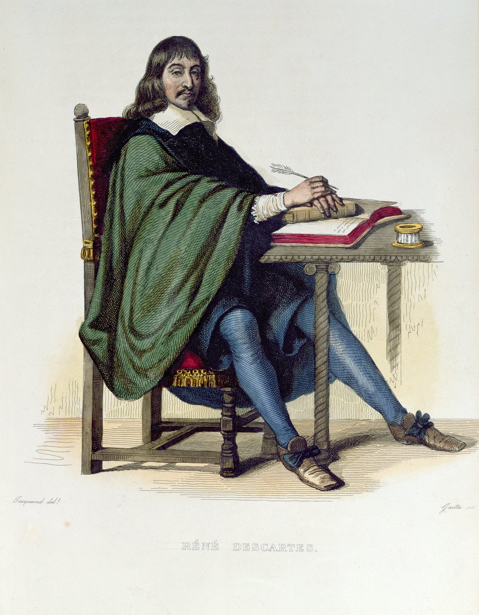 Rene Descartes (1596-1650), illustrasjon fra 'Le Plutarque Francais' ny E.Mennechet, utgitt i Paris, 1835 (fargegravering) av Claude Jacquand