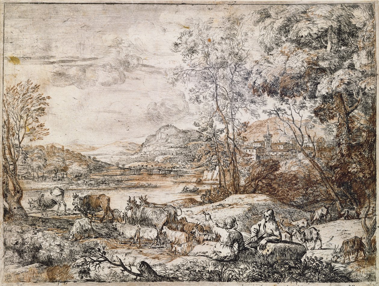 En hyrde og hyrde i samtale (penn, blekk og vask på papir) av Claude Lorrain