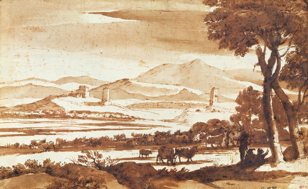 Landskap på det romerske landskapet, 1643 (penn- og blekkvask på papir) av Claude Lorrain