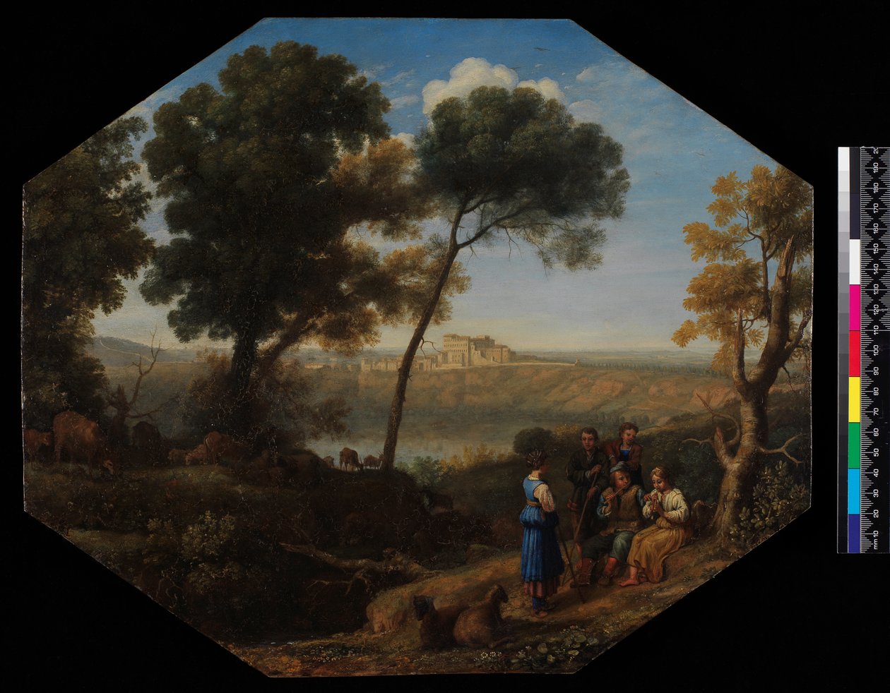 Pastoralt landskap med utsikt over Albanosjøen og Castel Gandolfo, 1639 (olje på tinn) av Claude Lorrain