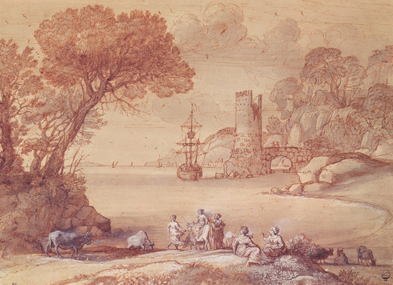 The Rape of Europa, 1655 (penn, blekk og vask) av Claude Lorrain