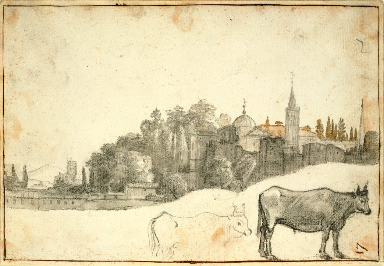 Utsikt utenfor Piazza del Popolo (svart kritt og vask på papir) av Claude Lorrain