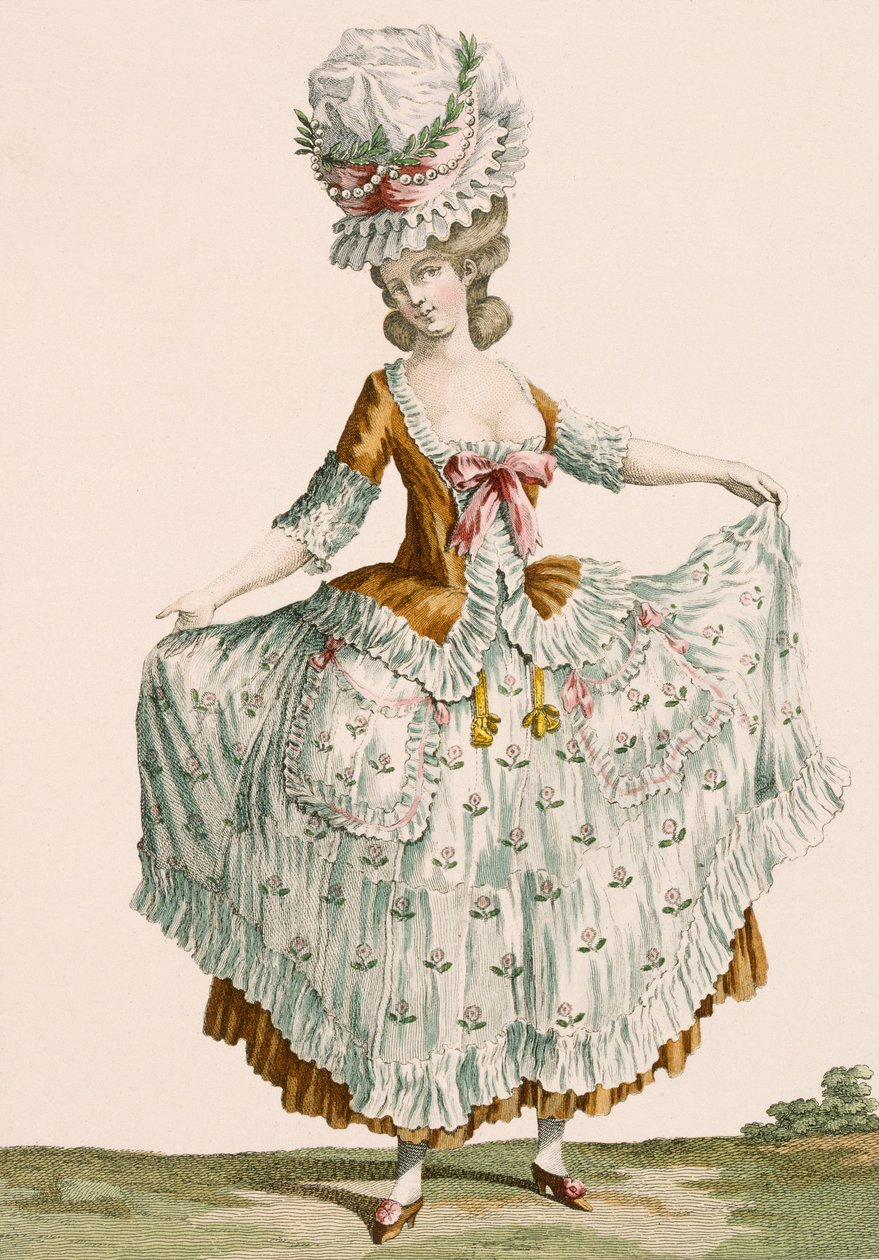 Aftenkjole for damer, gravert av Voysard, plate nr. 64 fra 'Galeries des Modes et Costumes Francais', ca. 1778-87 av Claude Louis Desrais