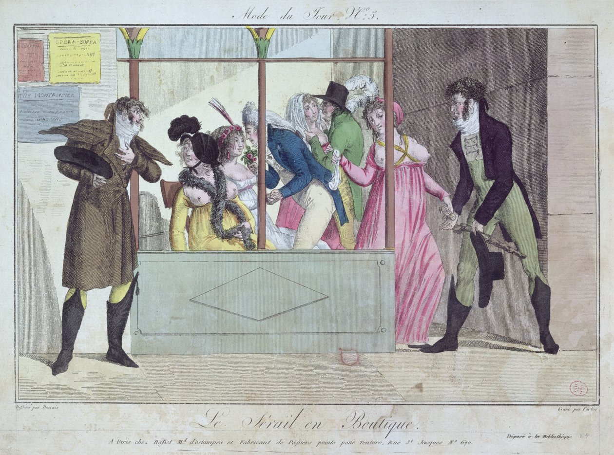 Prostituerte på Palais-Royal, fra Mode du Jour, gravert av Fortier, tidlig på 1800-tallet (håndfarget gravering) av Claude Louis Desrais