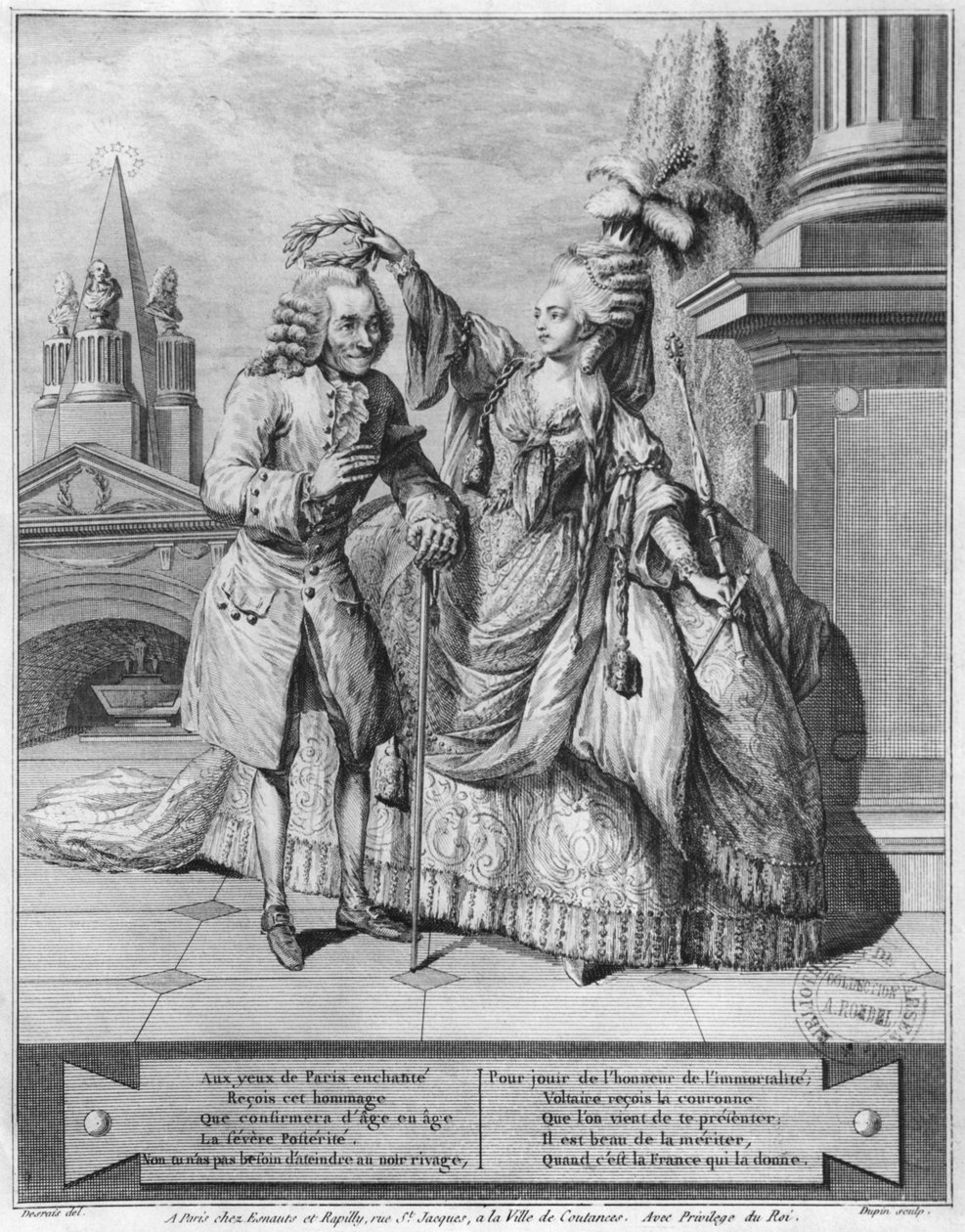Voltaire kronet av Mademoiselle Clairon, gravert av Jean Victor (f.1718) 1791 av Claude Louis Desrais