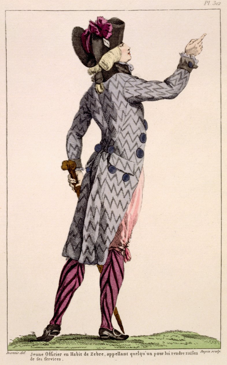 Ung offiser i en sebrafrakk, trykk laget av Dupin, 1789 av Claude Louis Desrais