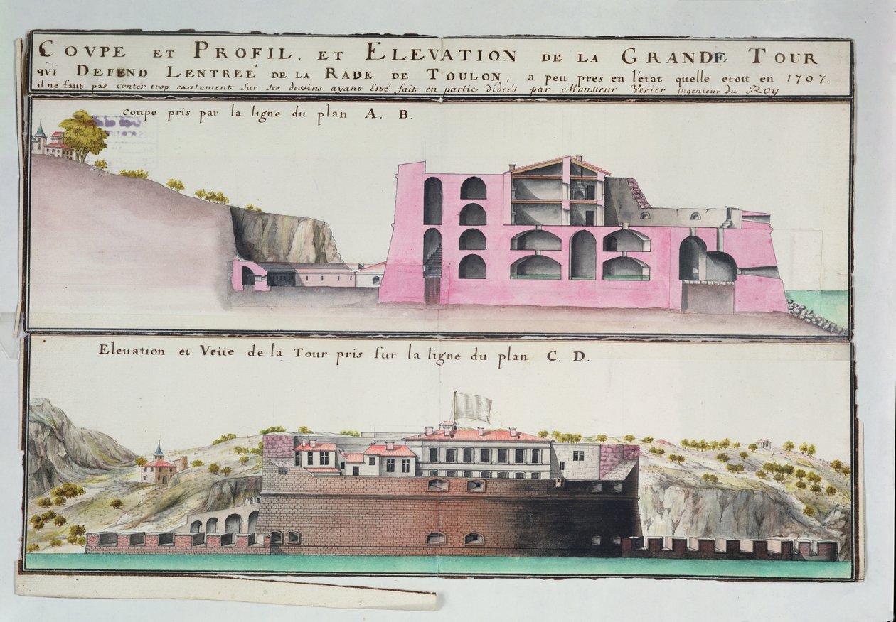 Ms 508131 K fol.107 Tverrsnitt og forhøyning av havnetårnet i Toulon, fra 