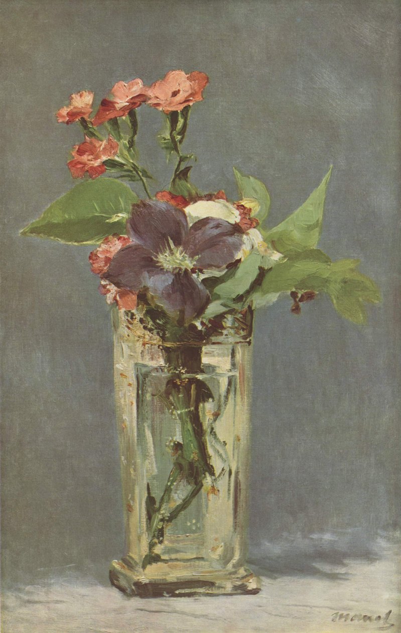 Nelliker og klematis i en krystallvase av Claude Monet