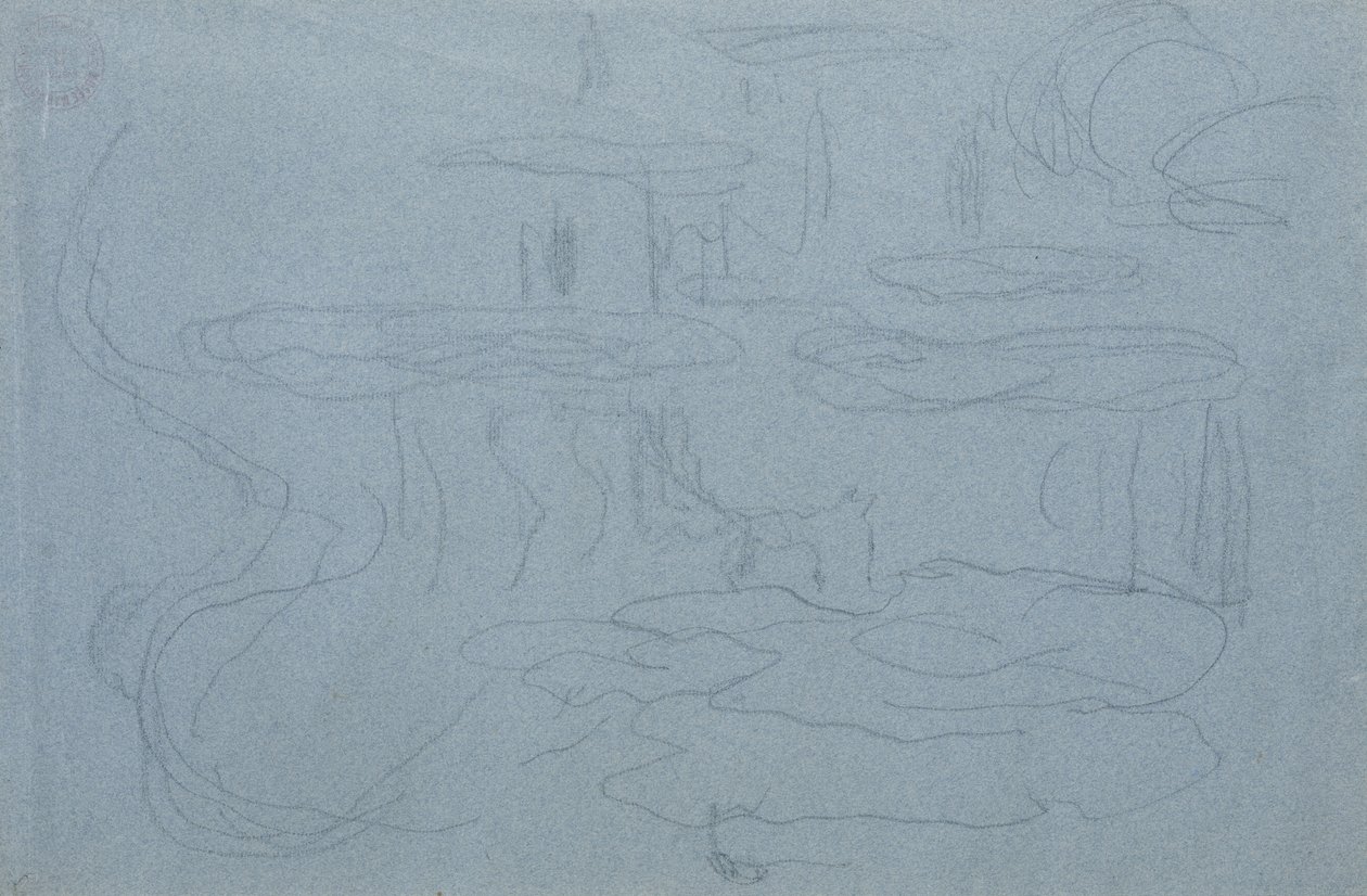 Vannliljer, ca. 1918 (svart fargestift på blått fargestift papir) av Claude Monet