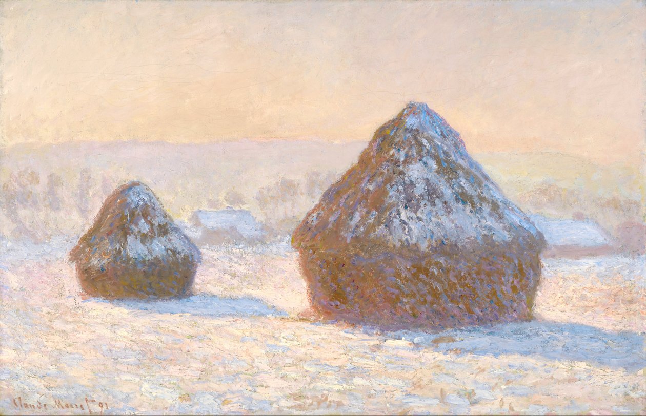 Hvetestabler, snøeffekt, morgen av Claude Monet