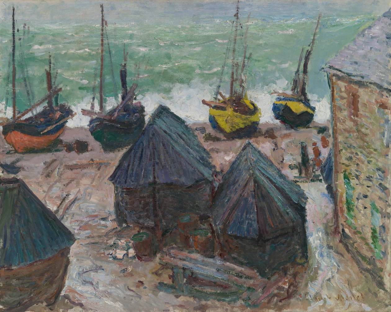 Båter på stranden ved Étretat, 1885. av Claude Monet