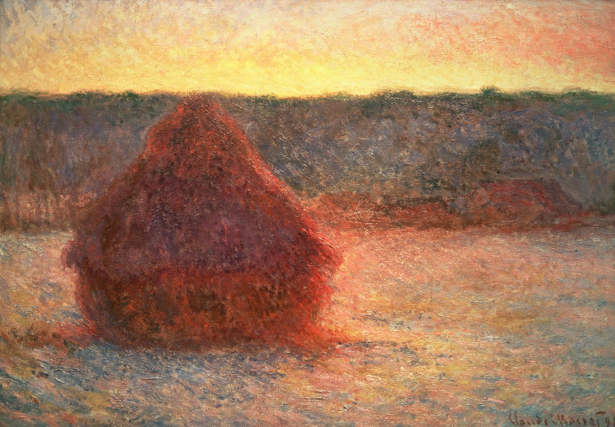 Høystakker ved solnedgang, frostvær, 1891 av Claude Monet