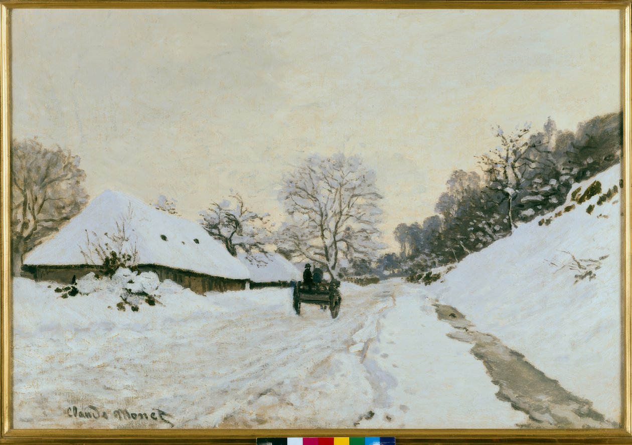 Vognen. Snødekt vei i Honfleur av Claude Monet