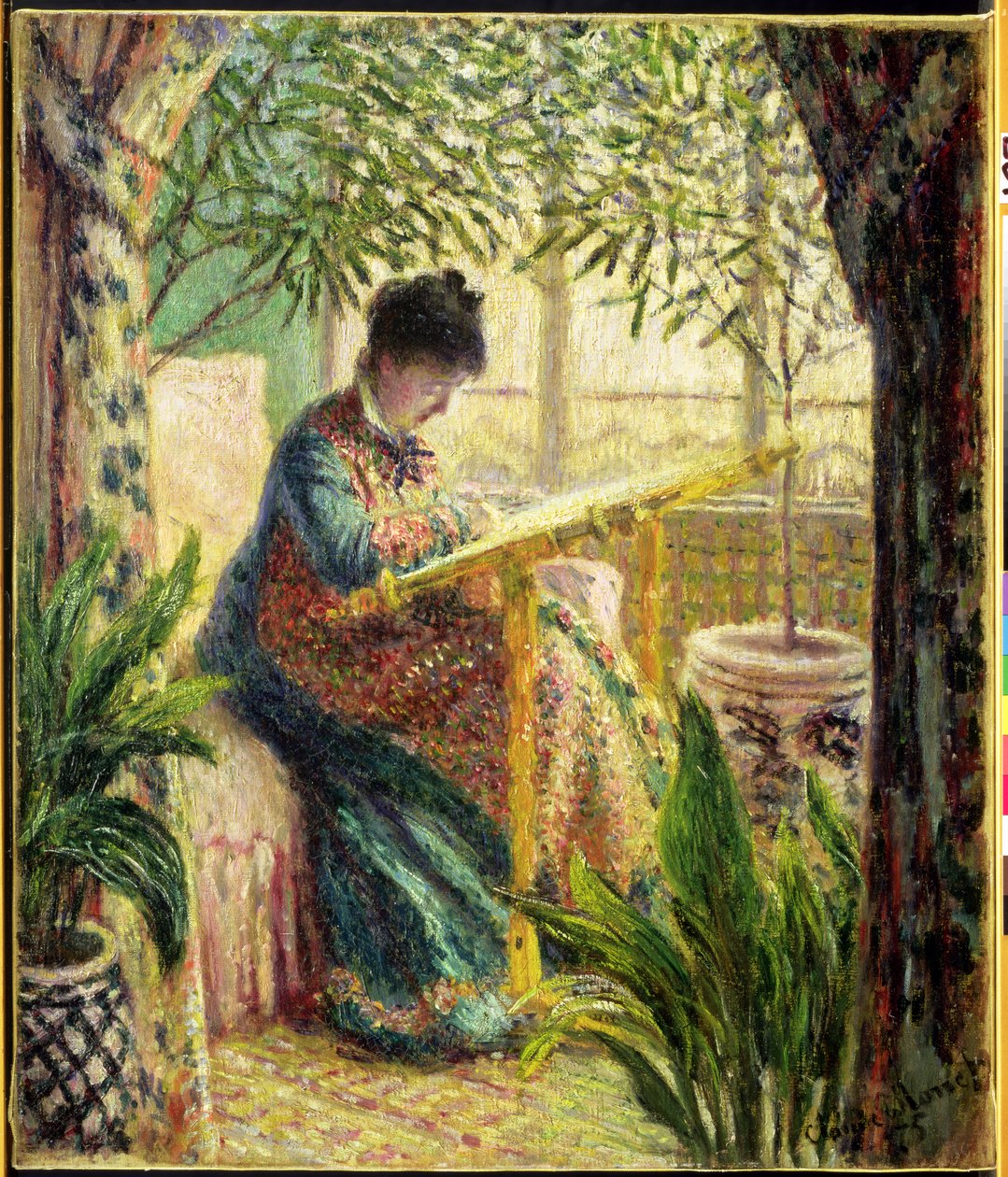 Madame Monet Brodering (Camille au Metier) 1875 av Claude Monet