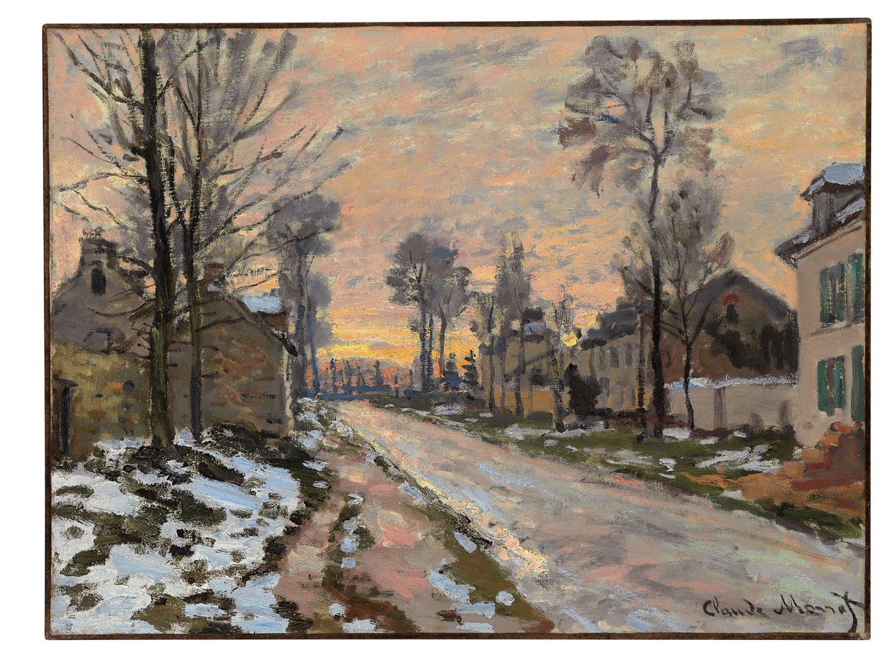 Veien til Louveciennes, snøsmelting, solnedgang, ca. 1869-70 av Claude Monet