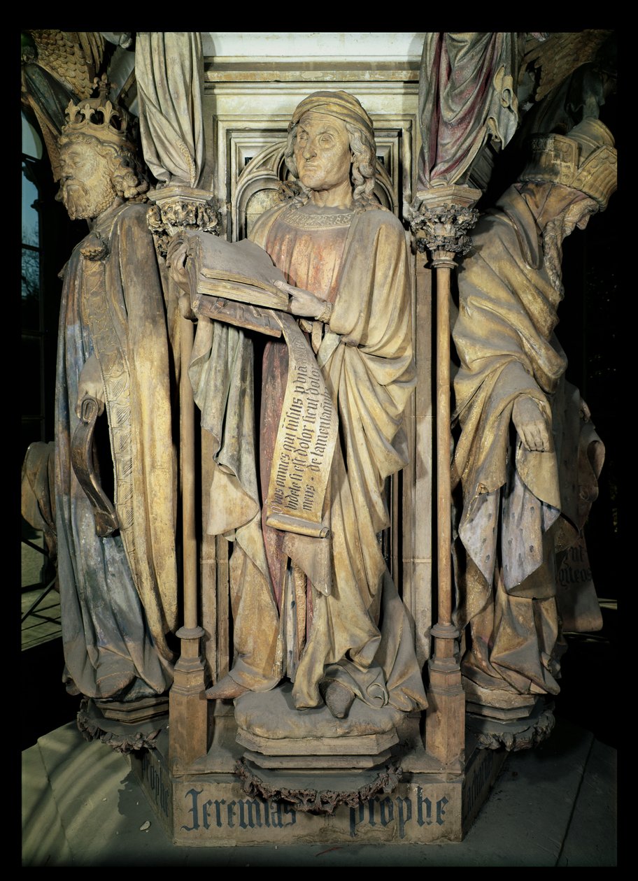 Jeremia (i midten), David (til venstre) og Sakarias (til høyre), figurer fra den sekskantede pidestallen til Moses-brønnen, 1395-1404 av Claus and Malouel, Jean Sluter