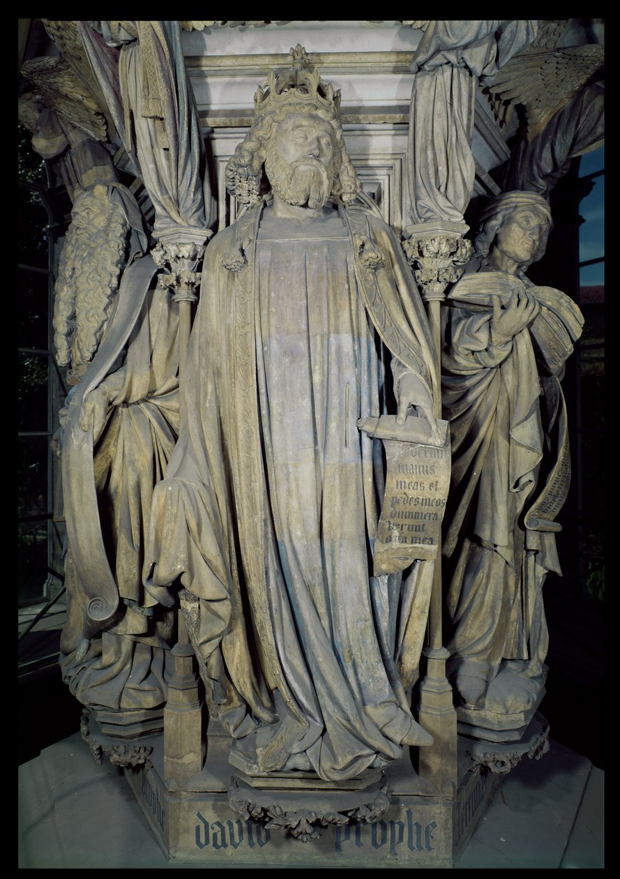 Kong David, Moses (til venstre) og Jeremiah (til høyre), detalj av den sekskantede pidestallen til Moses-brønnen, 1395-1404 (for detaljer se 86118) av Claus and Malouel, Jean Sluter