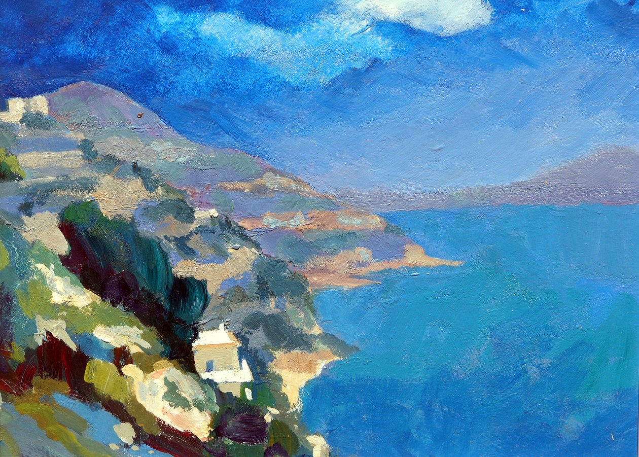 Amalfikysten, 2007 (akryl om bord) av Clive Metcalfe