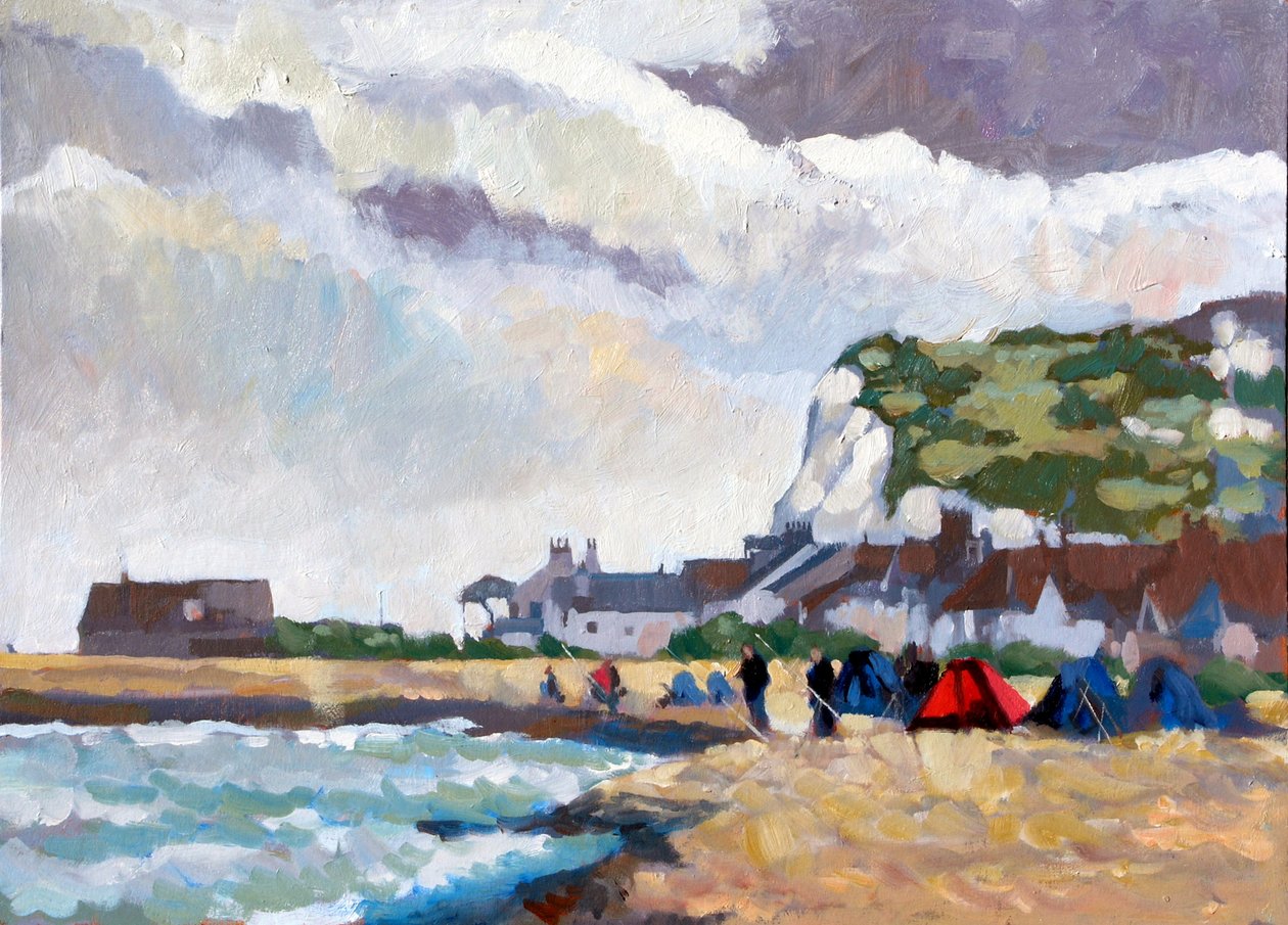 Fiske ved Kingsdown White Cliffs, 2010 (akryl om bord) av Clive Metcalfe