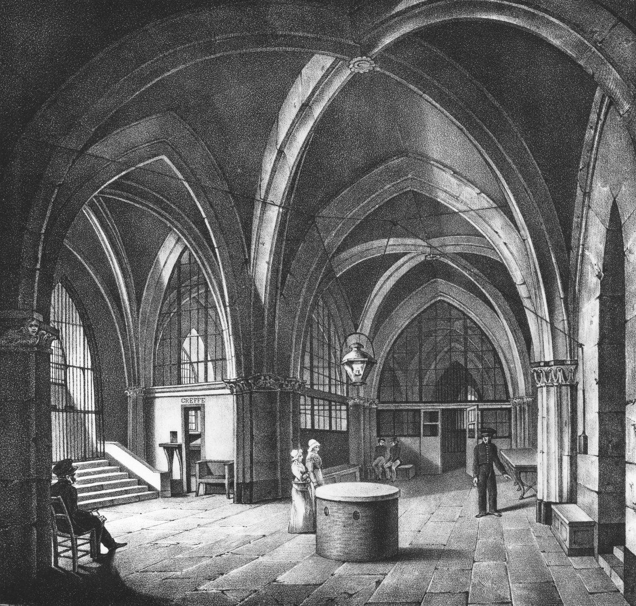 Innvendig utsikt over inngangsrommet ved Conciergerie-fengselet, gravert av Alphonse Urruty (1800-70) ca. 1831 av Collard