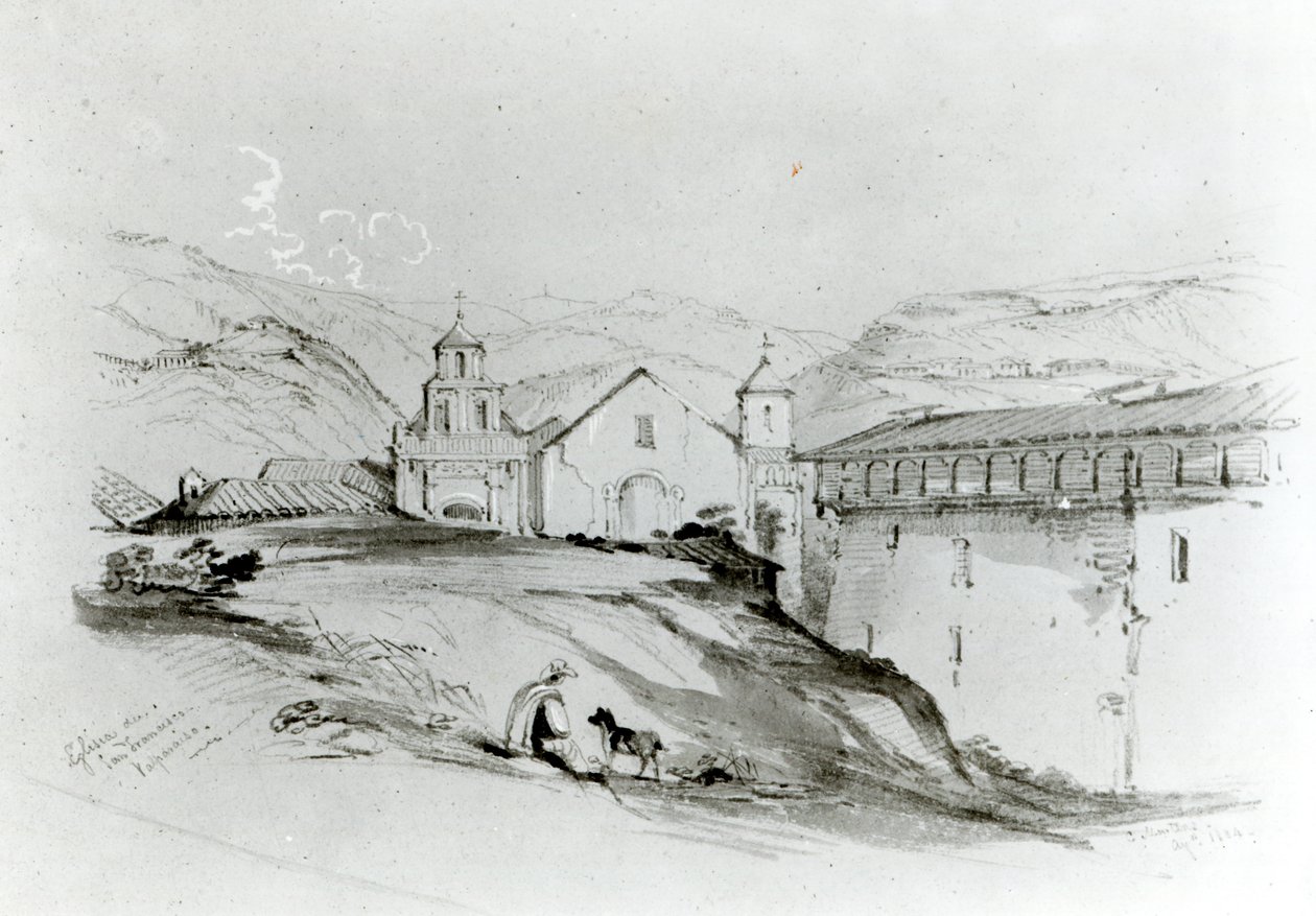 The Church of San Francisco, Valparaiso, 1834 (blyant og wc på papir) av Conrad Martens