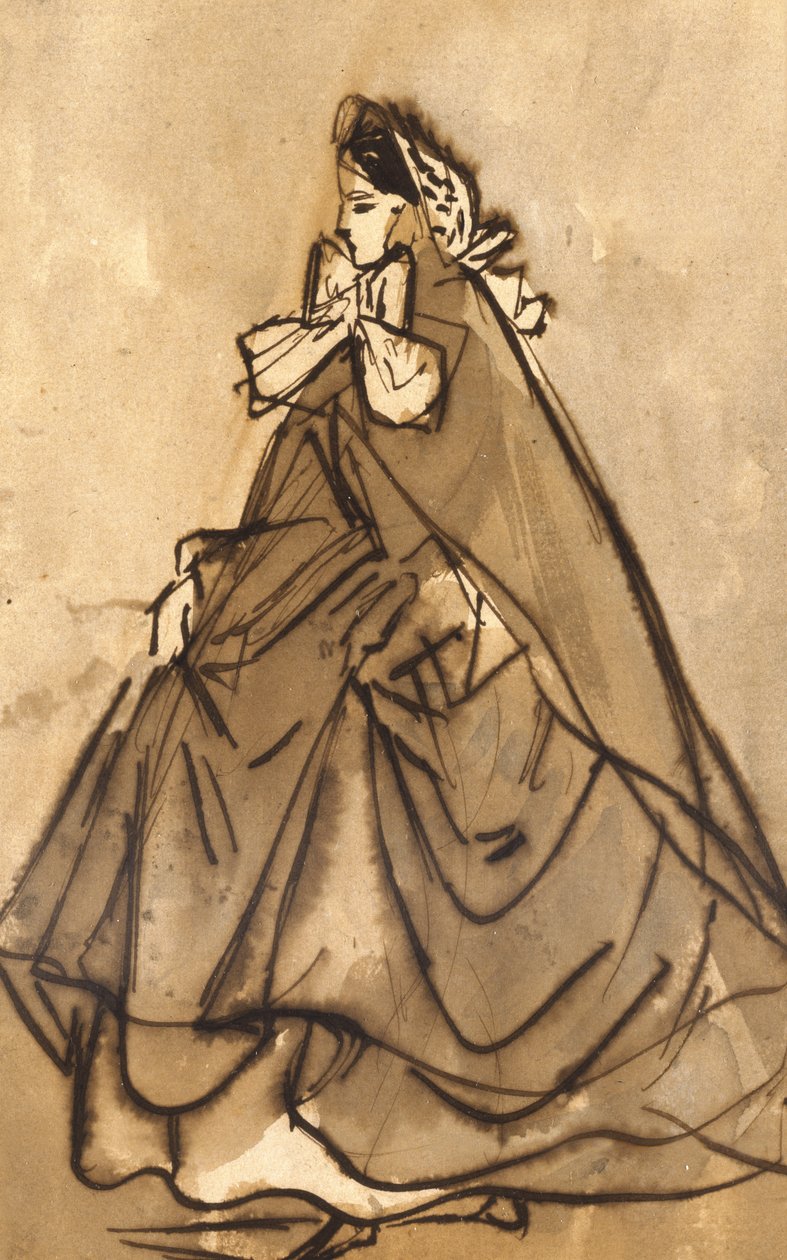 An Elegant Lady (brunt blekk og vask på papir) av Constantin Guys