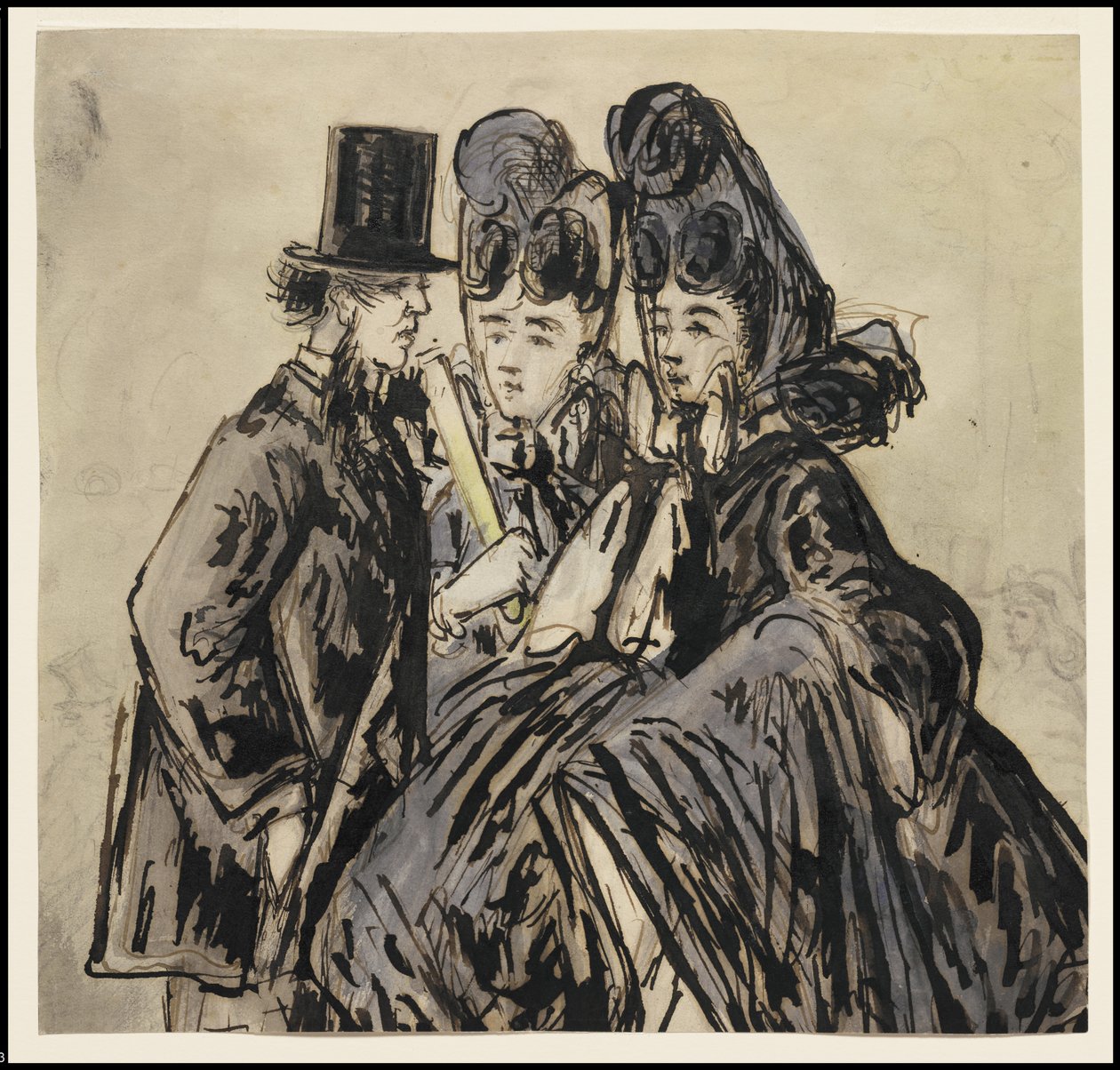 En gentleman og to damer, 1860-tallet av Constantin Guys