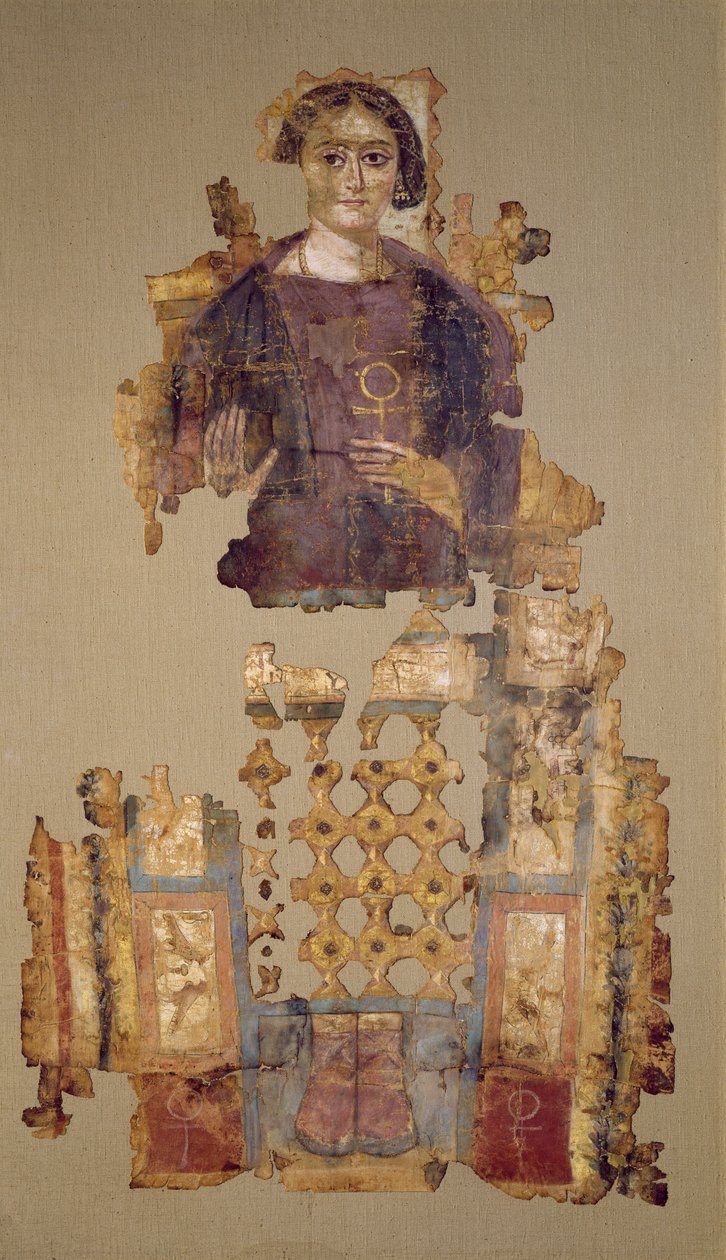 Likklede som viser en kvinne som holder en ankh, fra Antinoe, 3.-4. århundre (malt stoff) av Coptic