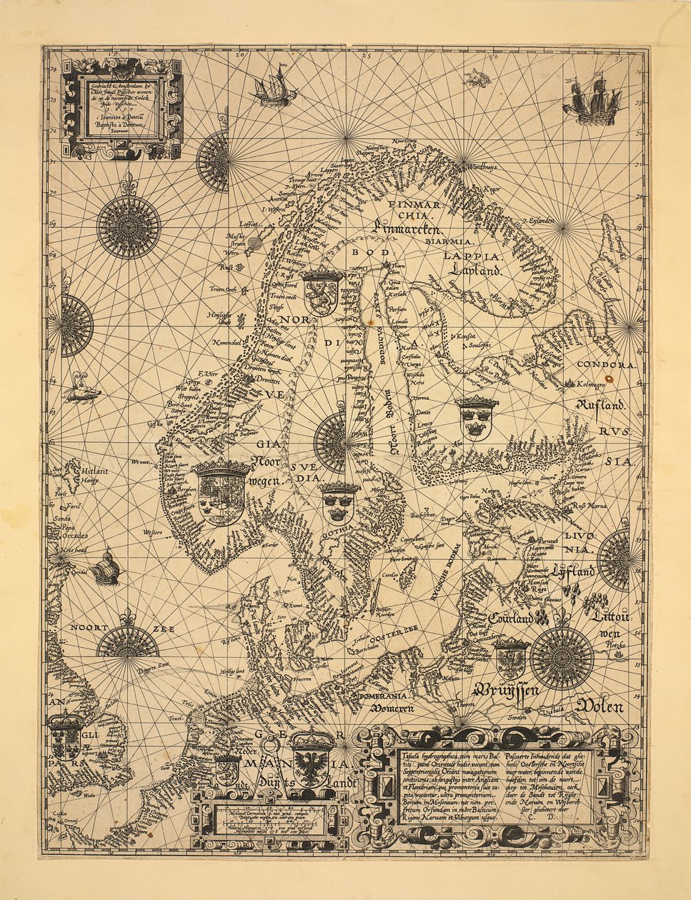 Kartet er gitt ut i Amsterdam (1610) og viser Skandinavia, Norgen av Cornelis Doedsz